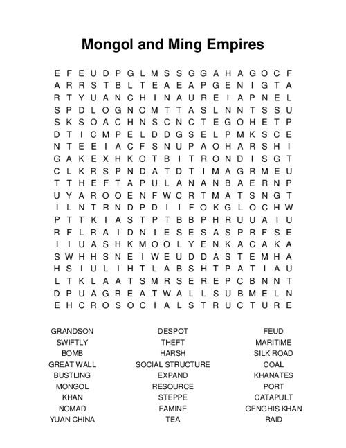 Mongol and Ming Empires Word Search Puzzle