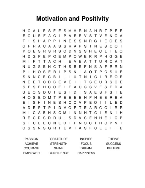 Motivation and Positivity Word Search Puzzle