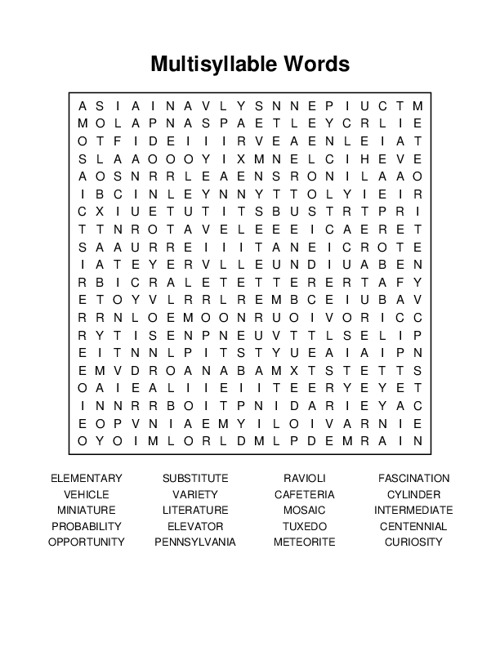 Multisyllable Words Word Search Puzzle