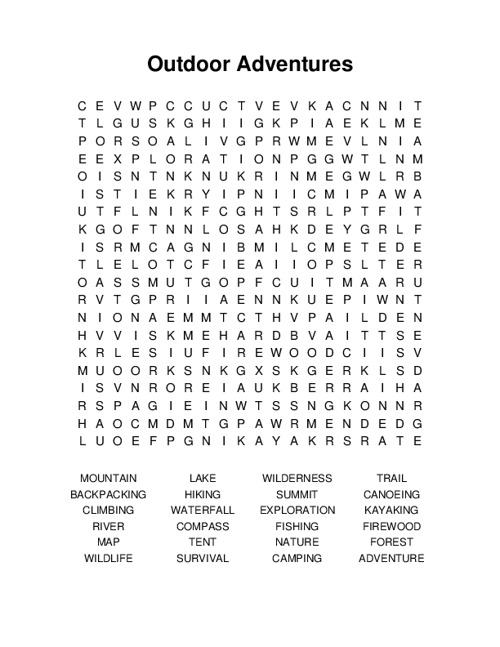 Outdoor Adventures Word Search Puzzle