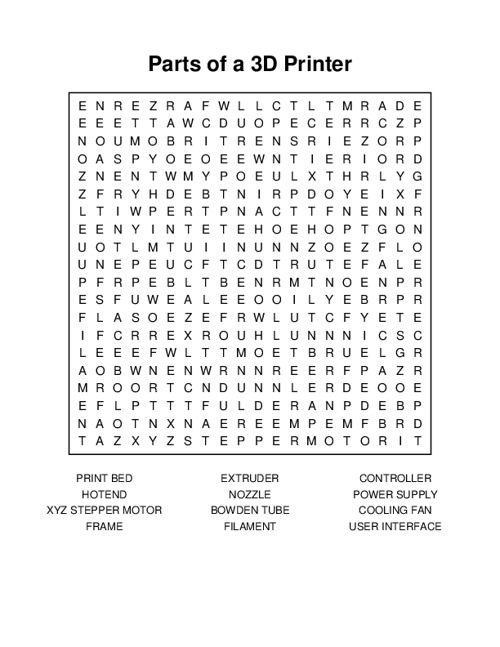 Parts of a 3D Printer Word Search Puzzle