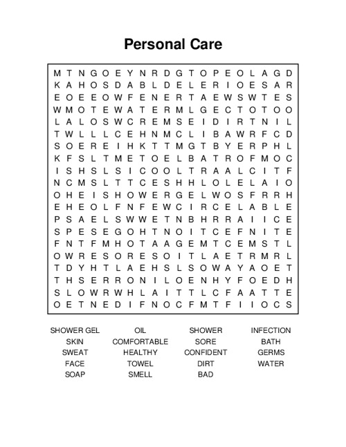 Personal Care Word Search Puzzle