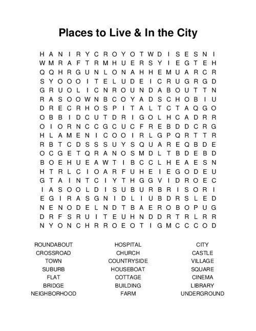 Places to Live & In the City Word Search Puzzle