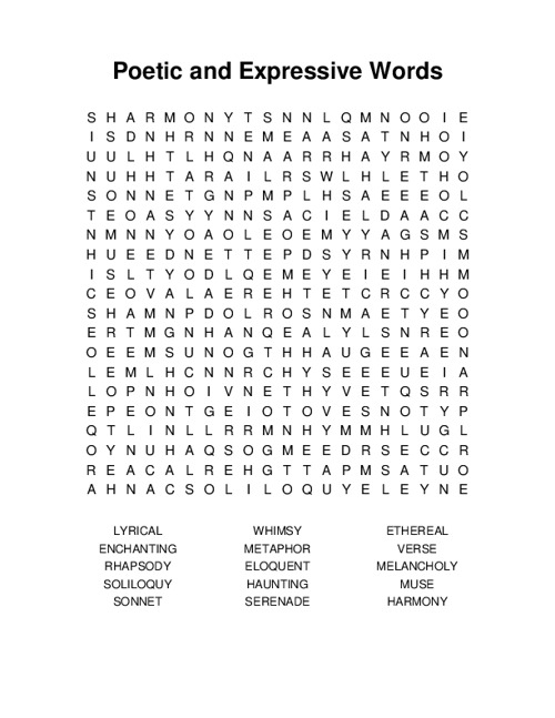 Poetic and Expressive Words Word Search Puzzle