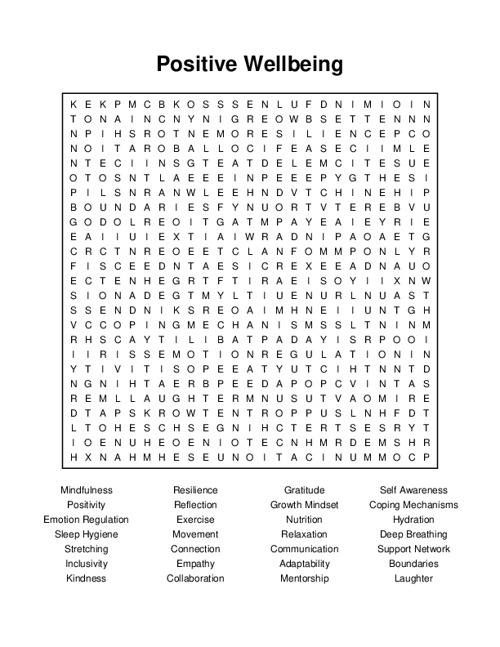 Positive Wellbeing Word Search Puzzle