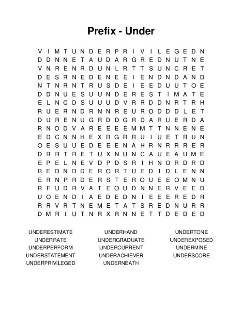 Prefix - Under Word Search Puzzle