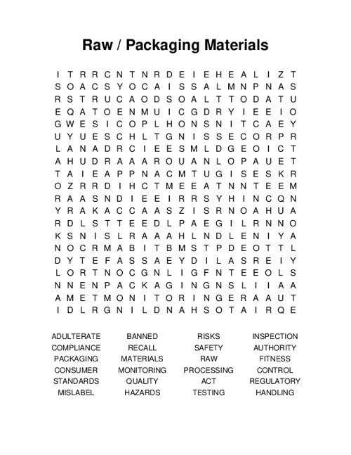 Raw / Packaging Materials Word Search Puzzle