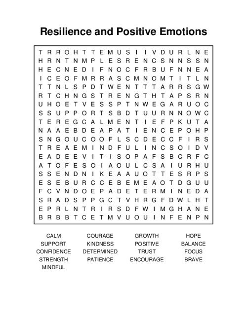 Resilience and Positive Emotions Word Search Puzzle