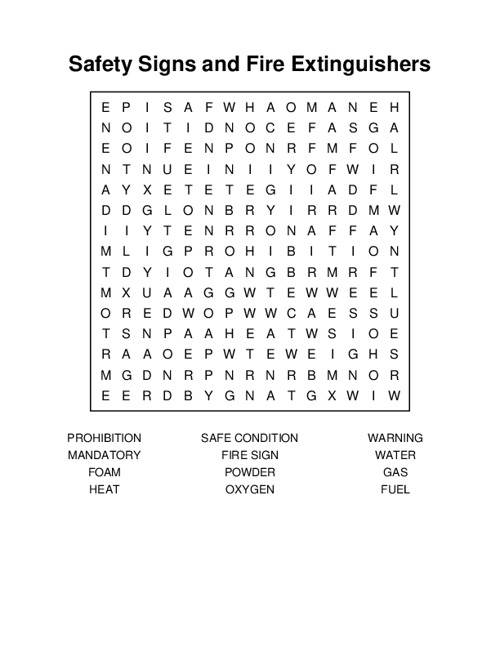 Safety Signs and Fire Extinguishers Word Search Puzzle