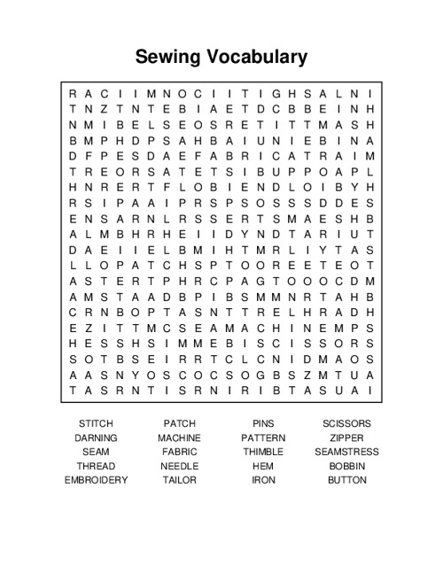 Sewing Vocabulary Word Search Puzzle