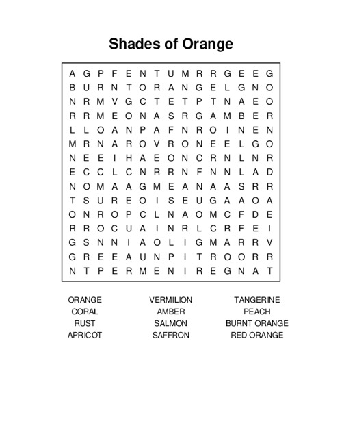 Shades of Orange Word Search Puzzle