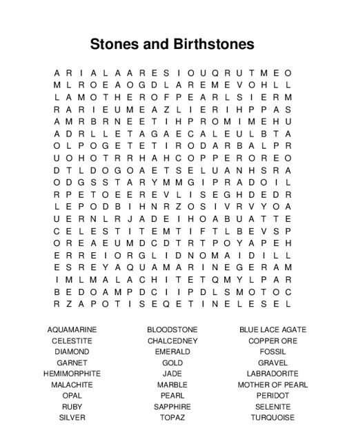 Stones and Birthstones Word Search Puzzle