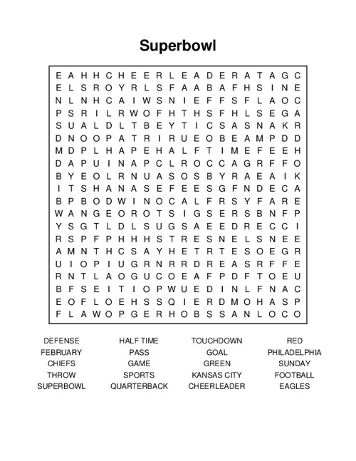 Superbowl Word Search Puzzle