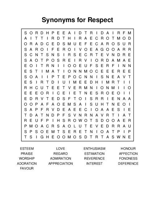 Synonyms for Respect Word Search Puzzle