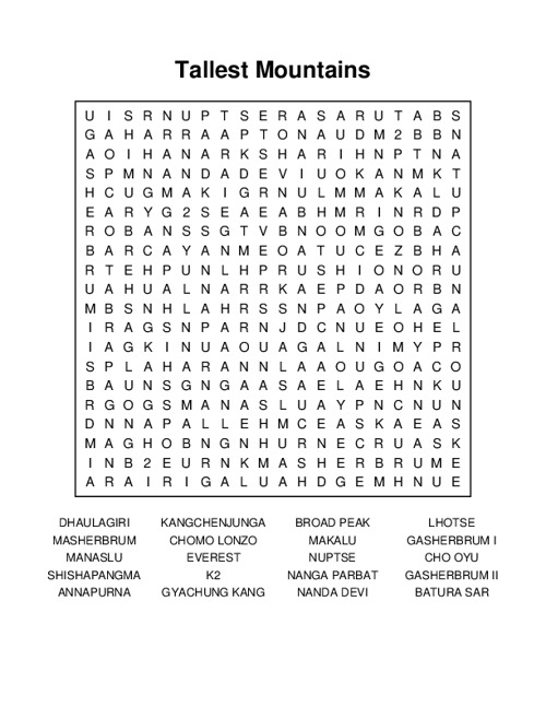 Tallest Mountains Word Search Puzzle