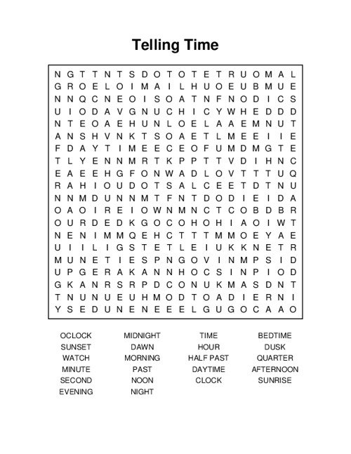 Telling Time Word Search Puzzle