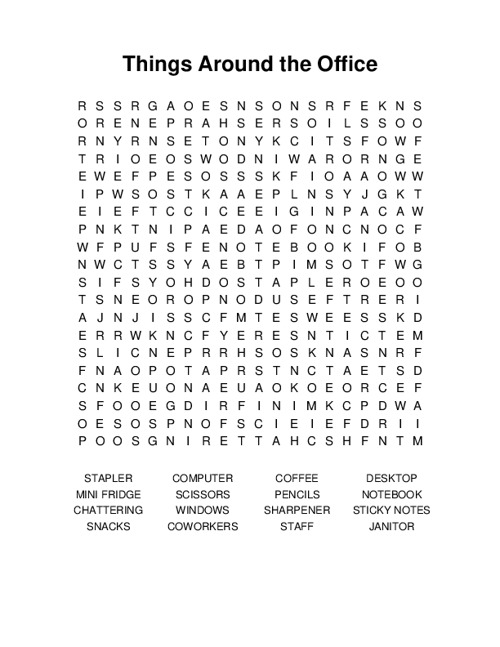 Things Around the Office Word Search Puzzle