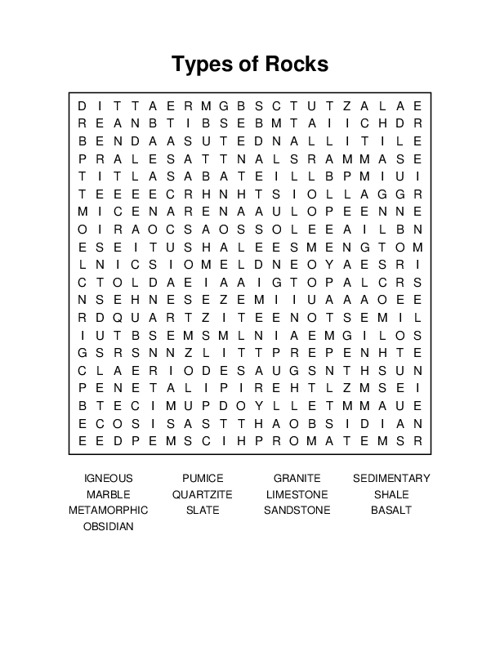 Types of Rocks Word Search Puzzle