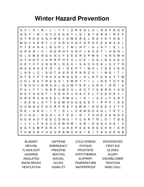 Winter Hazard Prevention Word Search Puzzle