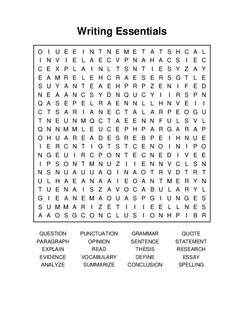 Writing Essentials Word Search Puzzle