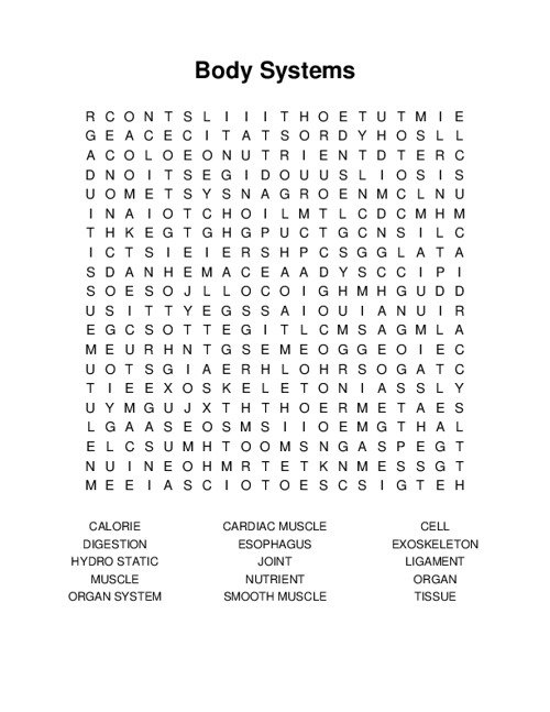 Body Systems Word Search Puzzle