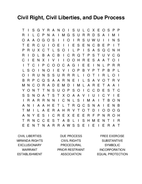 Civil Right, Civil Liberties, and Due Process Word Search Puzzle