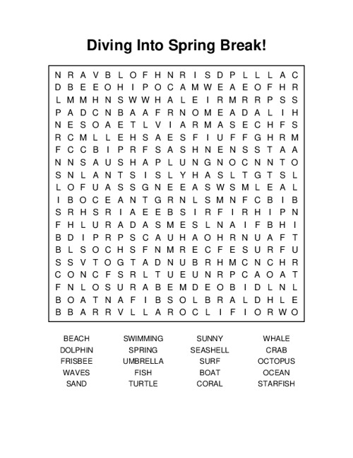 Diving Into Spring Break! Word Search Puzzle