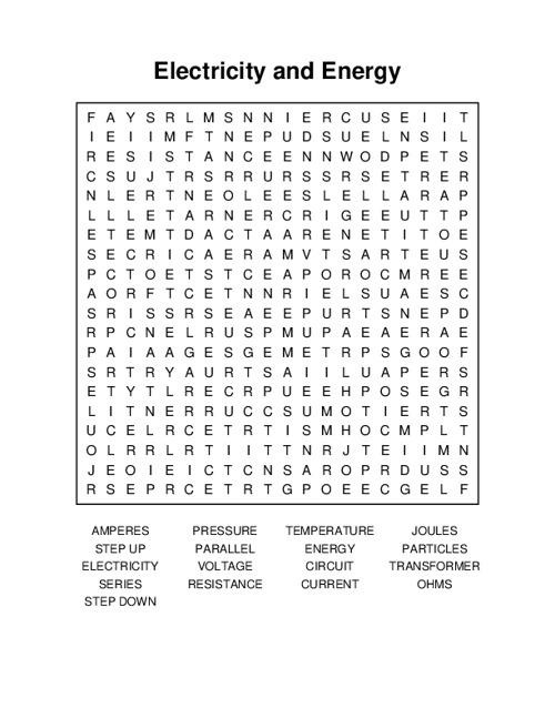 Electricity and Energy Word Search Puzzle