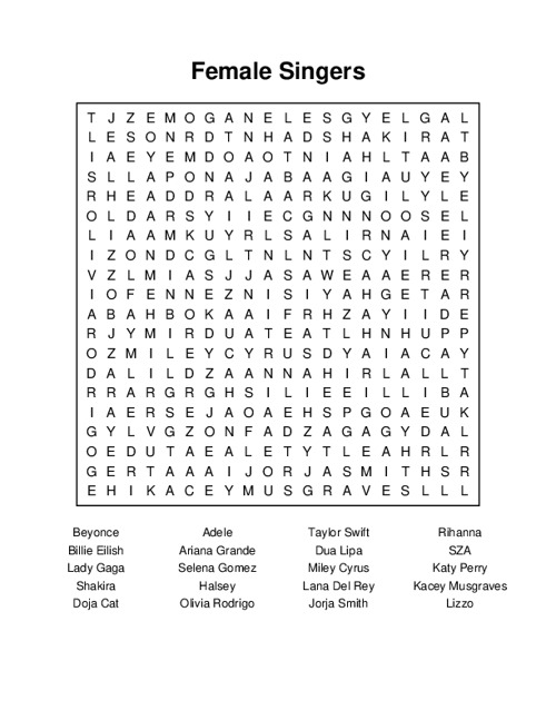 Female Singers Word Search Puzzle