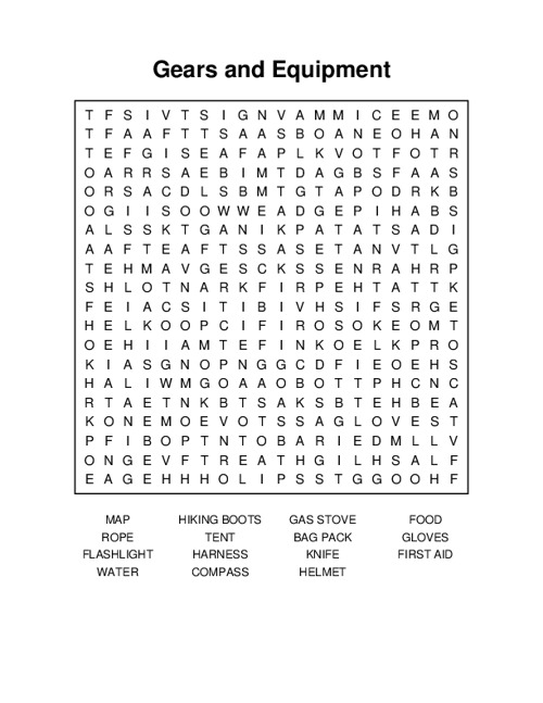 Gears and Equipment Word Search Puzzle