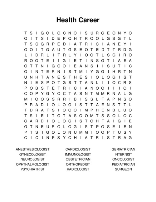 Health Career Word Search Puzzle