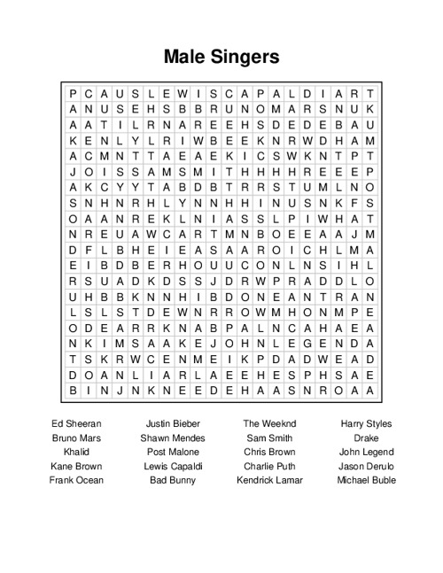 Male Singers Word Search Puzzle