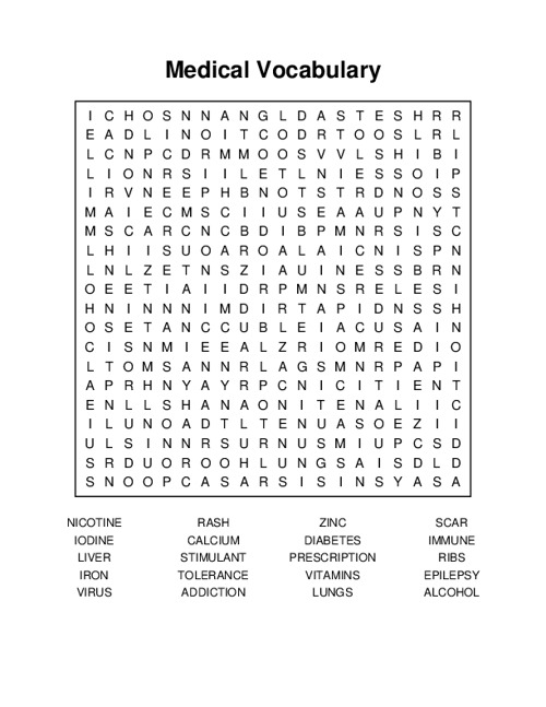 Medical Vocabulary Word Search Puzzle