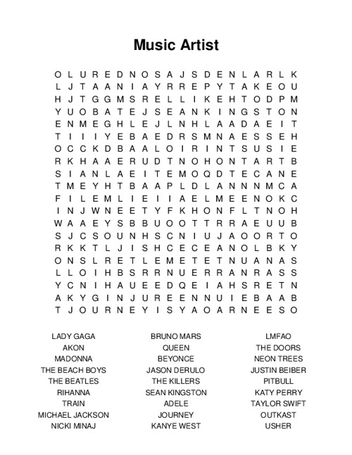 Music Artist Word Search Puzzle