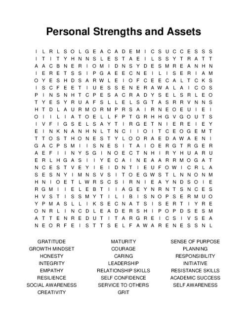 Personal Strengths and Assets Word Search Puzzle