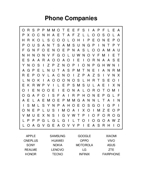 Phone Companies Word Search Puzzle