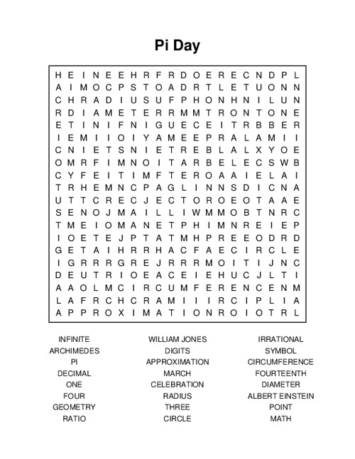 Pi Day Word Search Puzzle