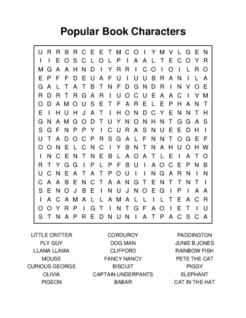 Popular Book Characters Word Search Puzzle