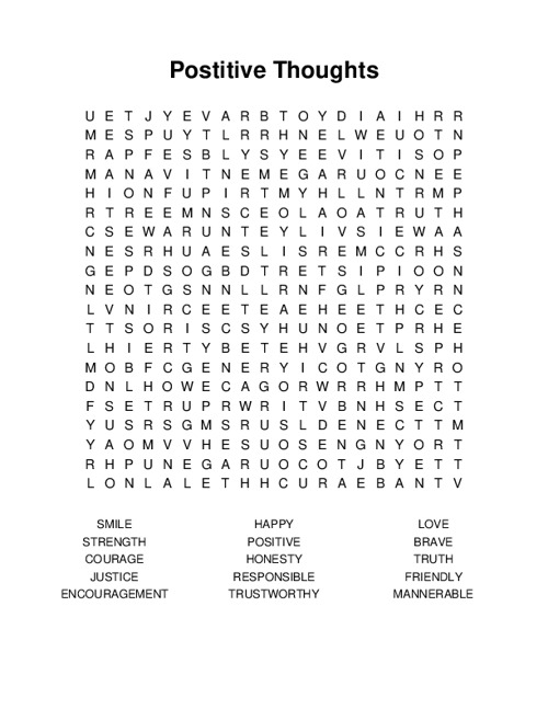 Postitive Thoughts Word Search Puzzle