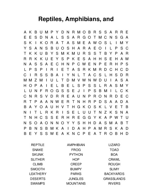 Reptiles, Amphibians, and Invertebrates Word Search Puzzle