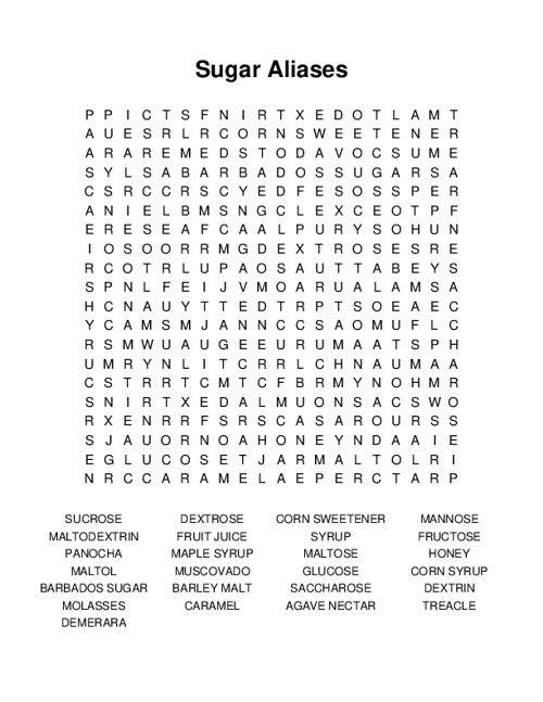 Sugar Aliases Word Search Puzzle