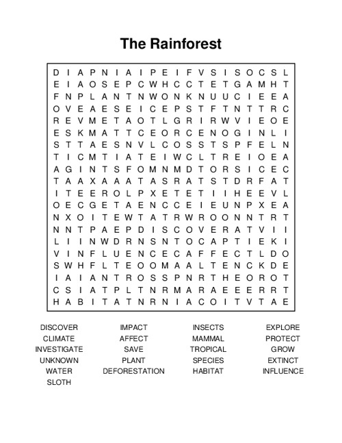 The Rainforest Word Search Puzzle