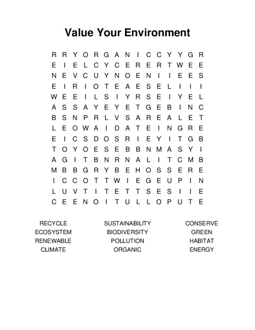 Value Your Environment Word Search Puzzle