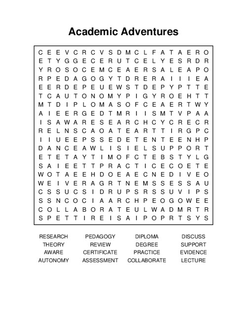 Academic Adventures Word Search Puzzle