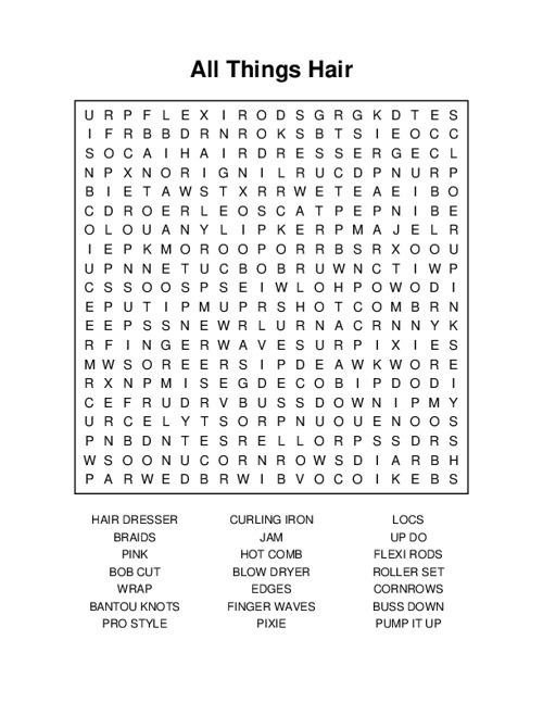All Things Hair Word Search Puzzle