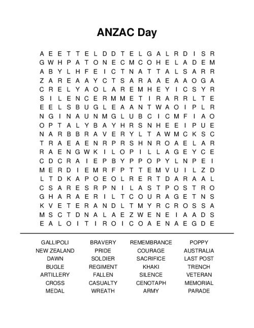ANZAC Day Word Search Puzzle