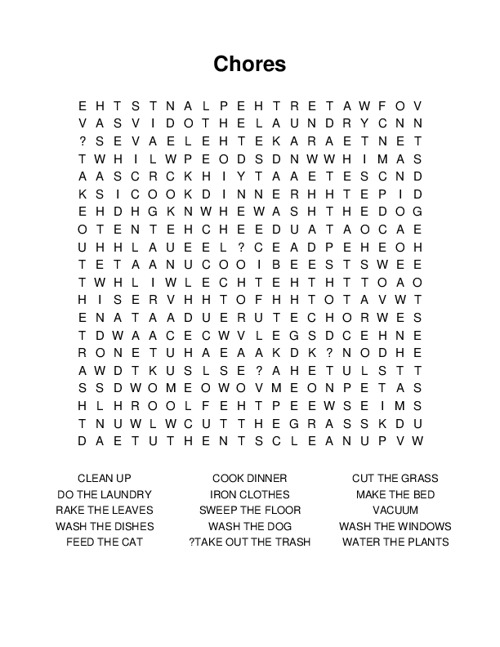 Chores Word Search Puzzle