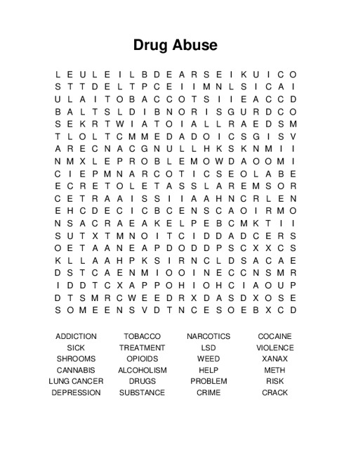 Drug Abuse Word Search Puzzle