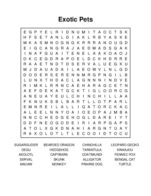 Exotic Pets Word Search Puzzle