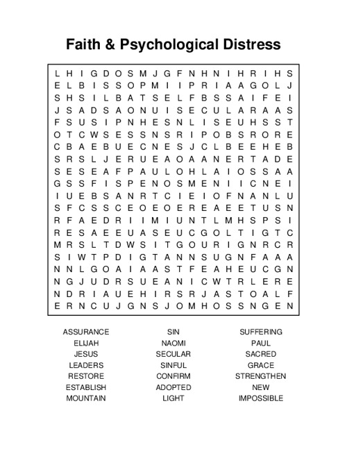 Faith & Psychological Distress Word Search Puzzle